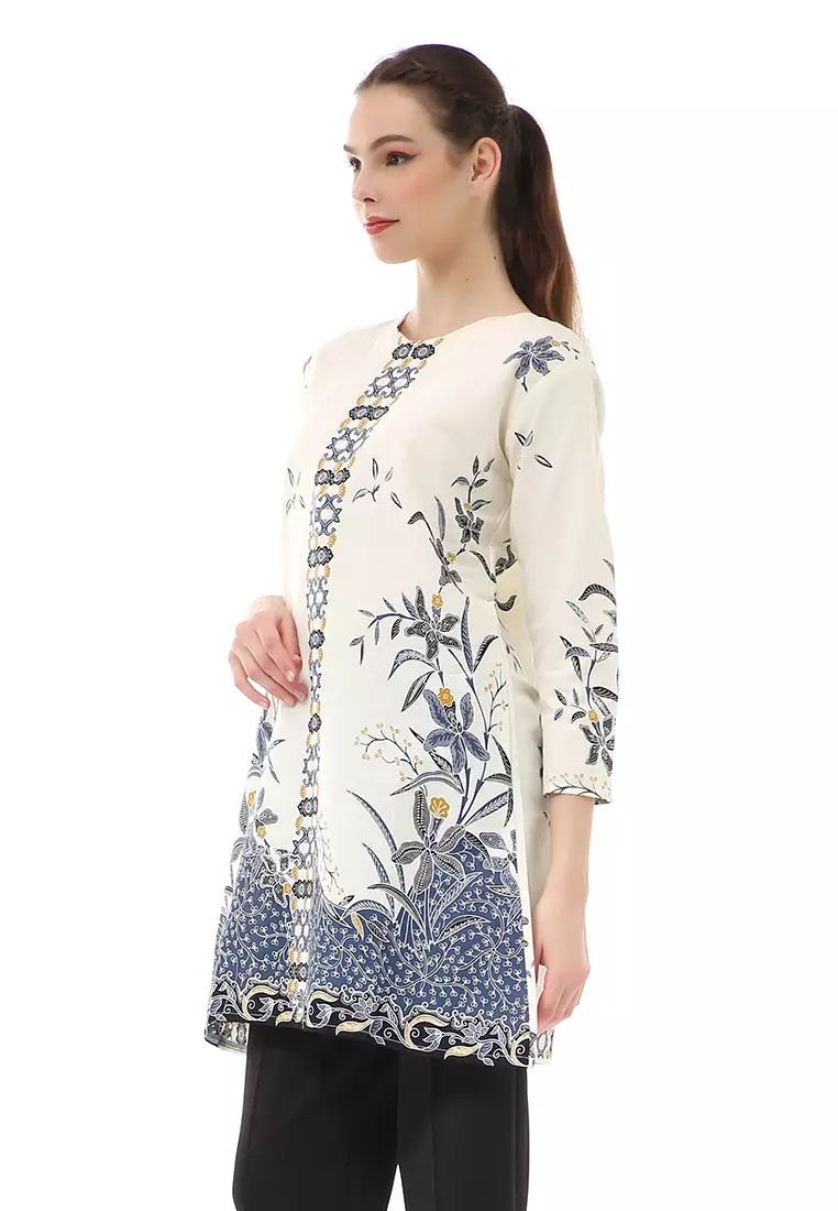 Olaf Atasan Batik Wanita Tunik Traditional Motive Simple Design Material Cotton ORIGINAL - White Blue