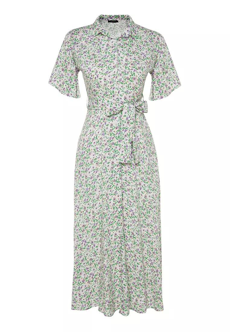 Belted Midi Print Shirt Dress