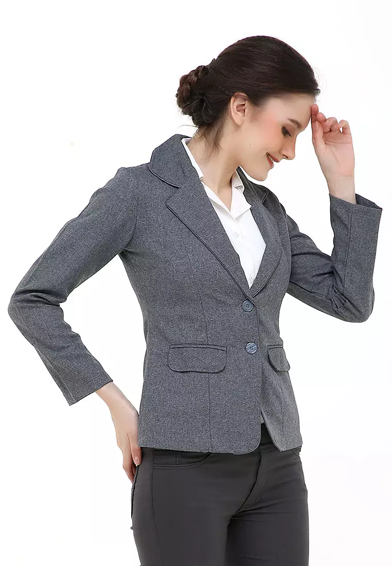 Qemsya Jas Blazer Wanita Korean Style Formal Longsleeve Suit Material Polyester ORIGINAL - Gray