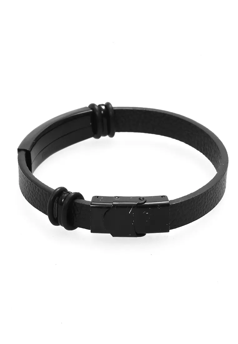 Aleda Gelang Kasual Pria Aksesoris Fashion Adjustable Strap Elegant Design Material Leather Stainless Steel ORIGINAL - Black