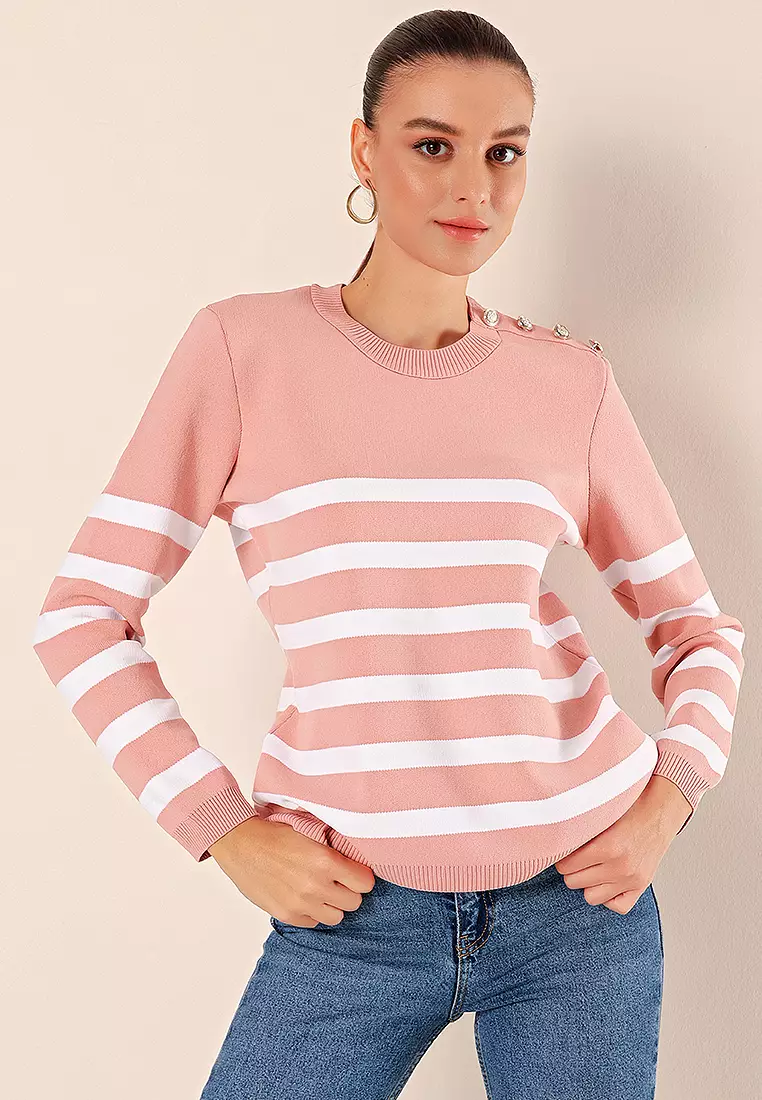 Button Detail Striped Sweater Powder