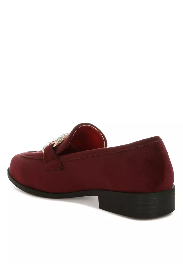 Sepatu Loafer Horsebit Berhias Berlian Imitasi Warna Burgundy
