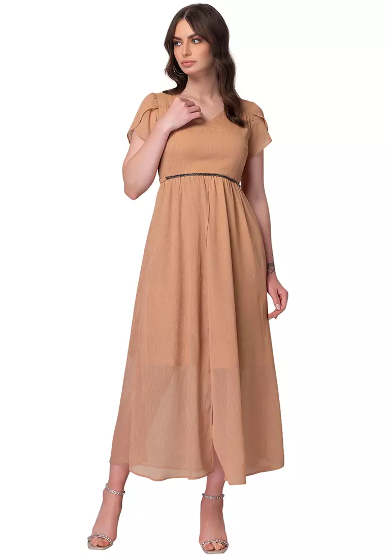 Buy FabAlley Peach V Neck Maxi Dress With Embellished Belt Online