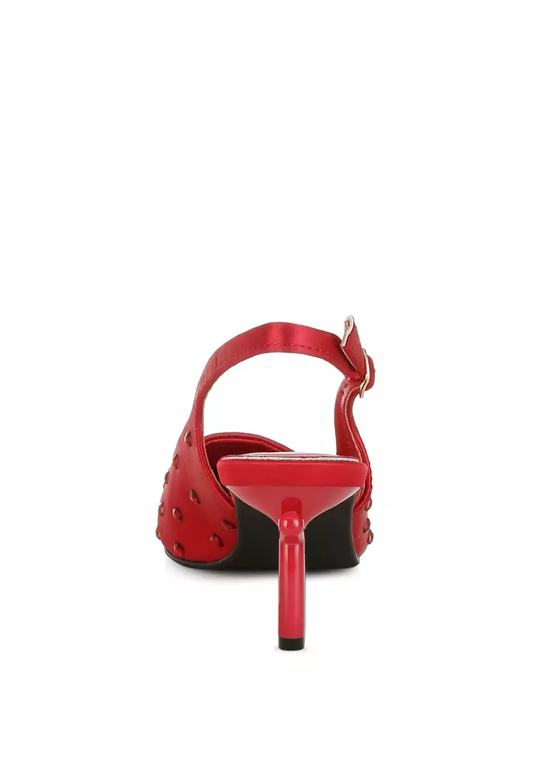 酒紅色心型水鑽鑲嵌露跟鞋