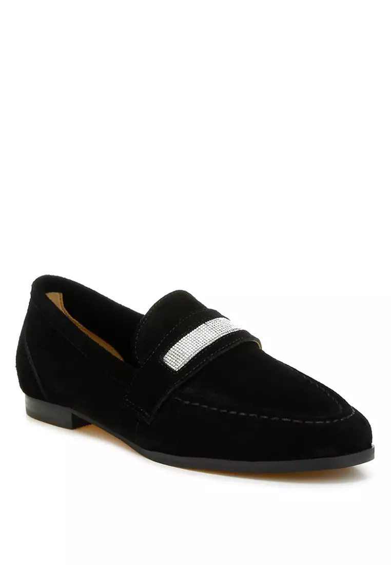 Sepatu Loafer Tali Penny Berlian Imitasi Warna Hitam