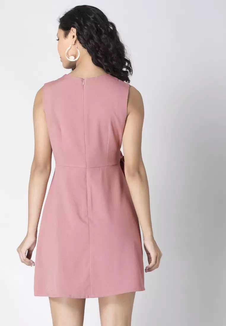 Dusty Pink Slit Shoulder Side Tie Dress