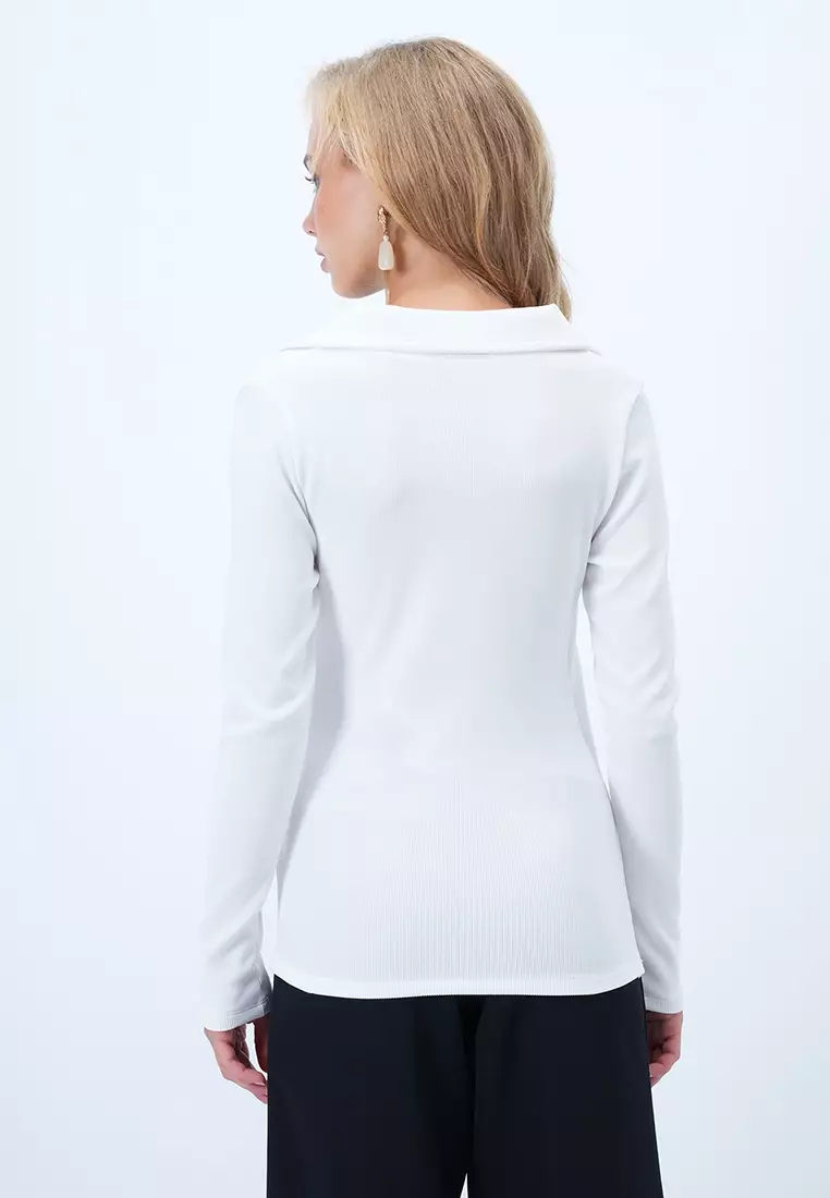 Women's White Shirt Collar Double Breasted Cut Drape Detailed Ottoban Blouse Alc-X14344