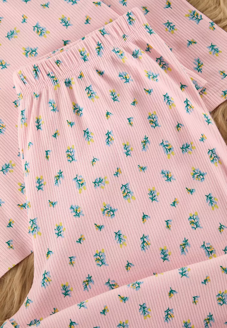 Pink Soft Touch Cotton Floral Ribbed Knitted Pajama Set