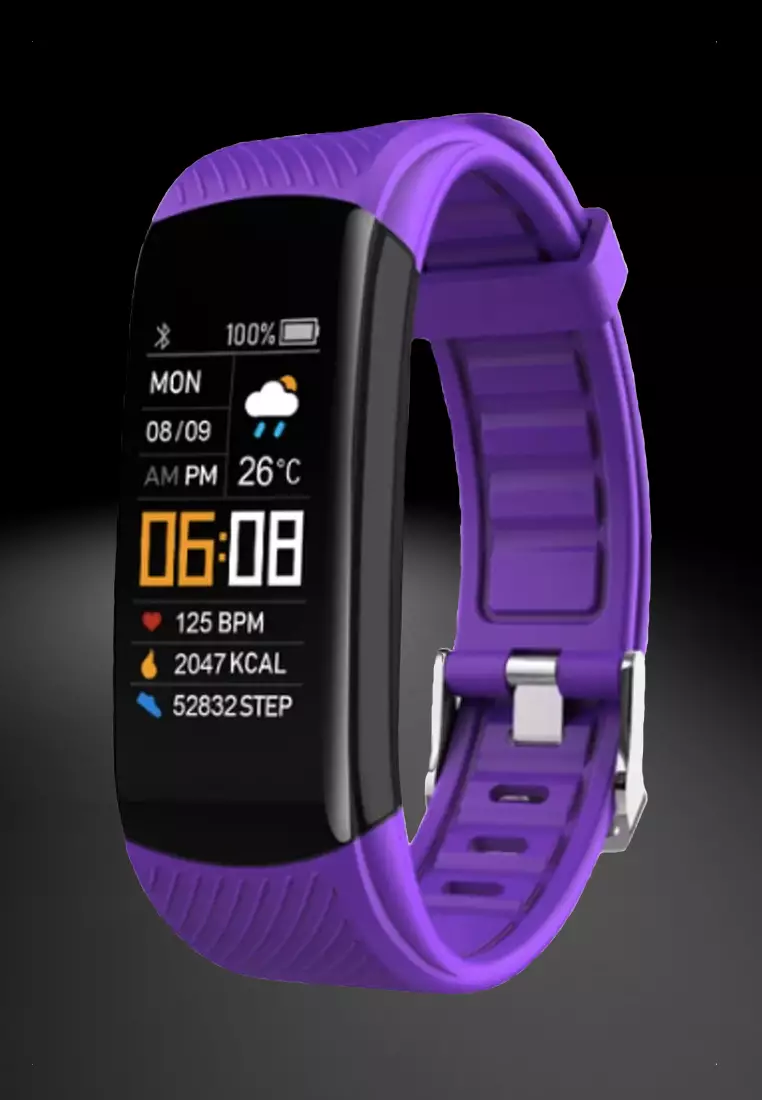 Unisex IOS/Android IP Black Waterproof Fitness SmartWatch, Heart Rate Monitoring, Weather, Clock, with Deep Purple Rubber Strap