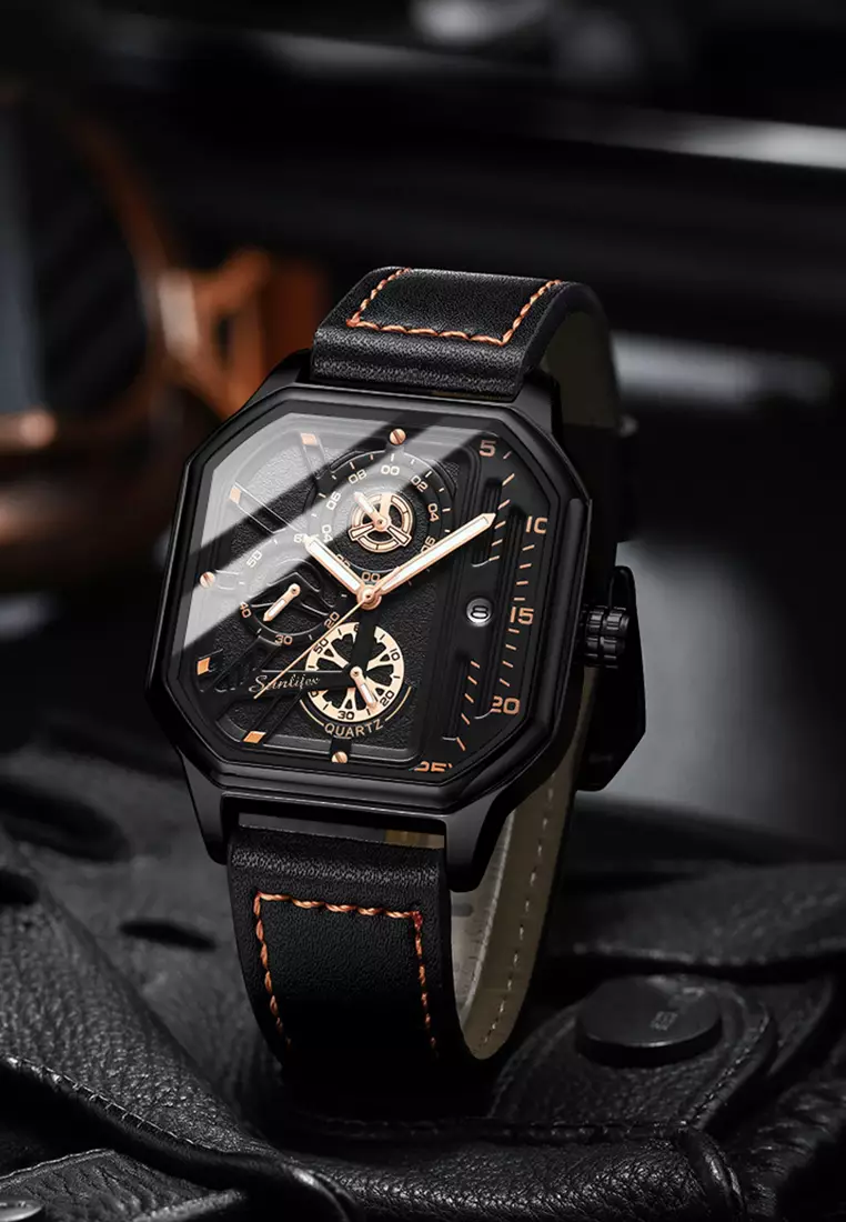 Jam Tangan Pria 9095 Kuarsa Olahraga Kasual Tali Kulit Pria Jam Tangan Cowok allblack