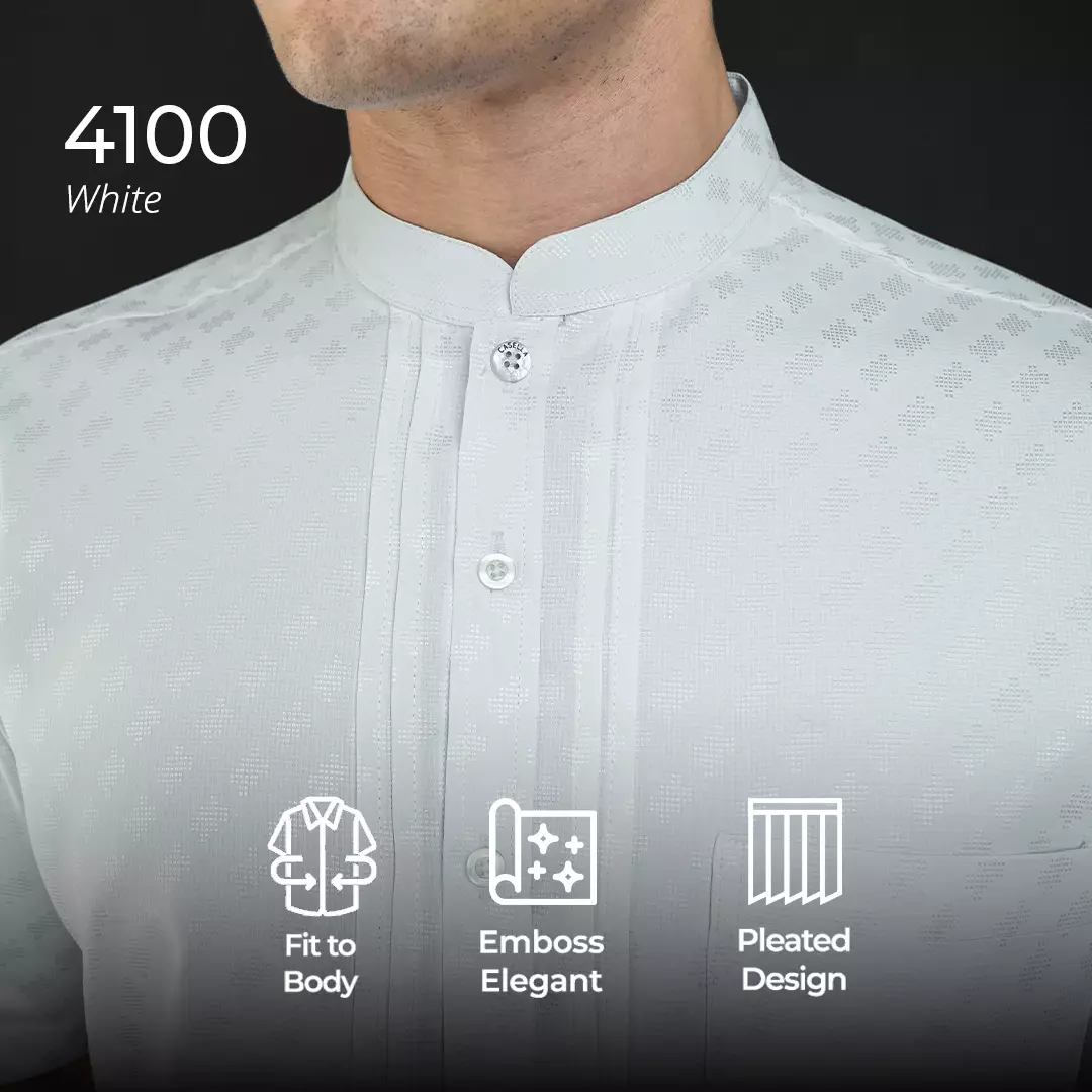 Casella Baju Koko Pria Lengan Pendek Pleats Ilyas | Baju Koko Putih Lengan Pendek 4100 White