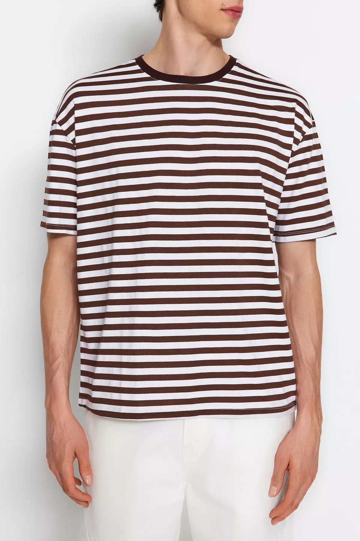 Light Brown Oversize/Wide Cut Striped Crew Neck Short Sleeve T-Shirt TMNSS20TS0511