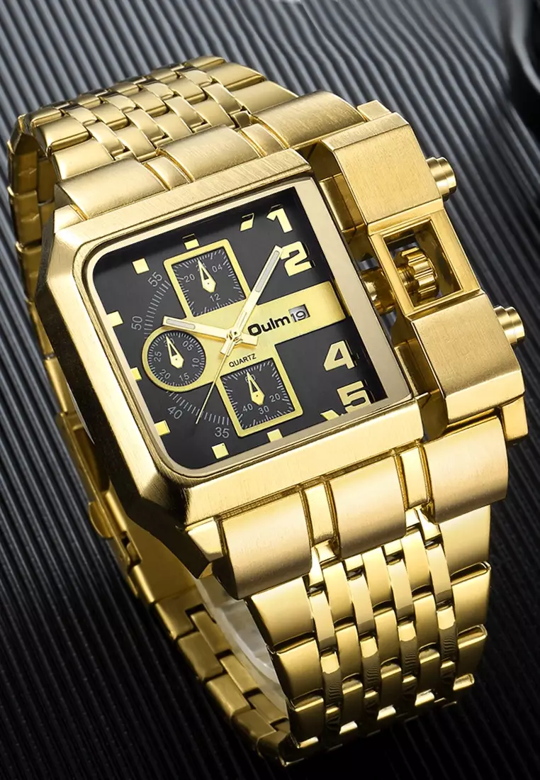 Very Large Men's Quartz Watch - 51x60mm - IP Gold Steel case, Black Dial, IP Gold Bracelet