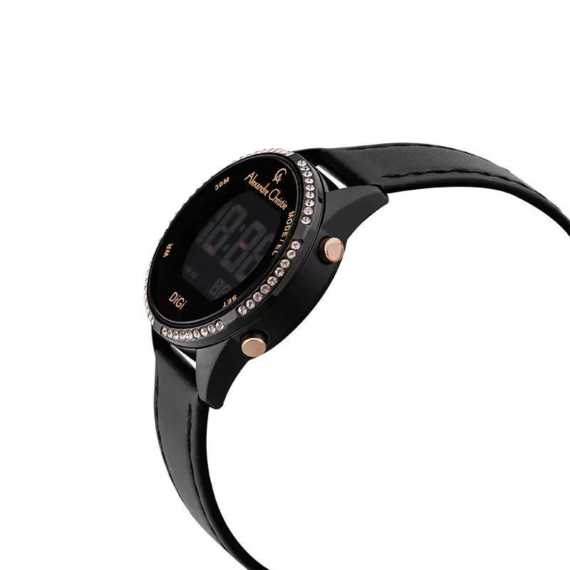 Jam Tangan Wanita Alexandre Christie Digi AC 9354 LH LIPBARG Ladies Black Digital Dial Black Leather Strap