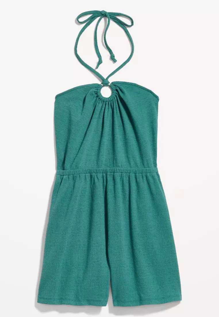 Textured O-Ring Halter Romper For Women 3.5-inch Inseam