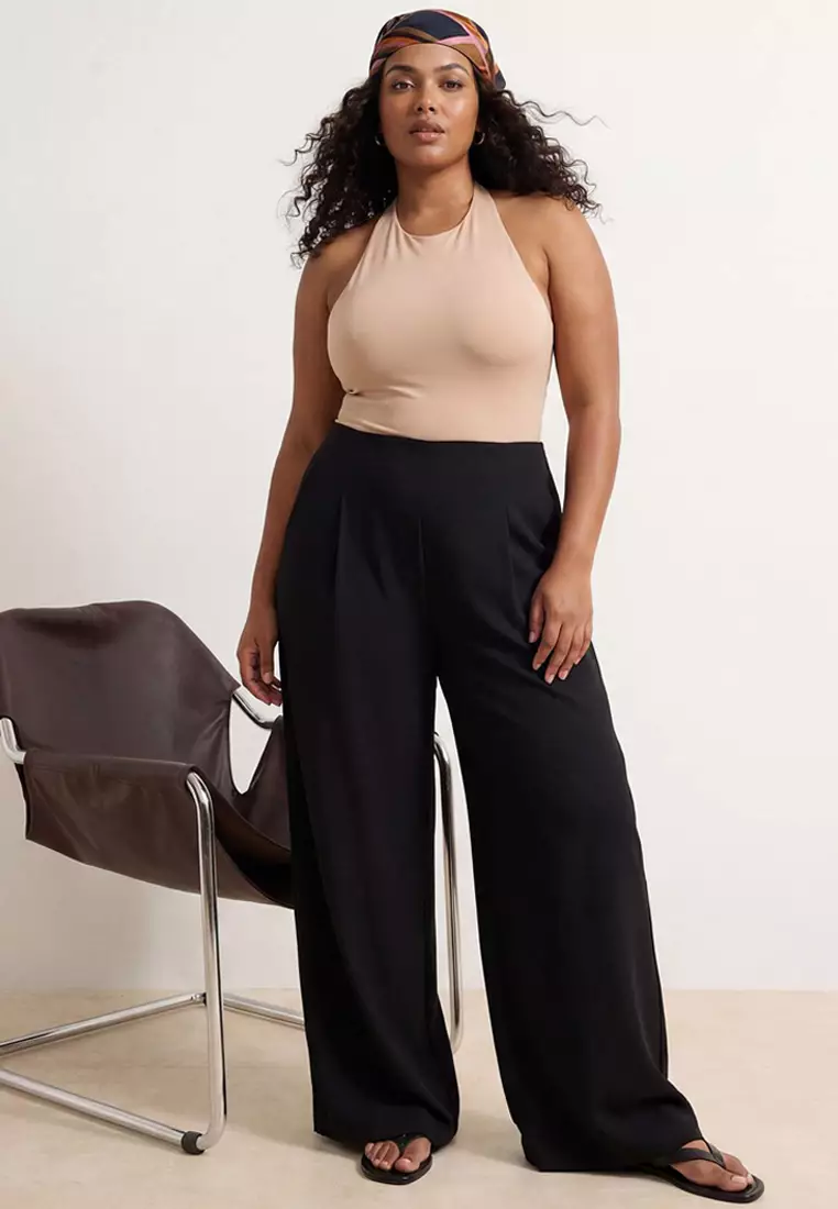 Black Pleated Wide Leg/Flared Leg Drapey Knitted Plus Size Pants Tbbss26Ar00021