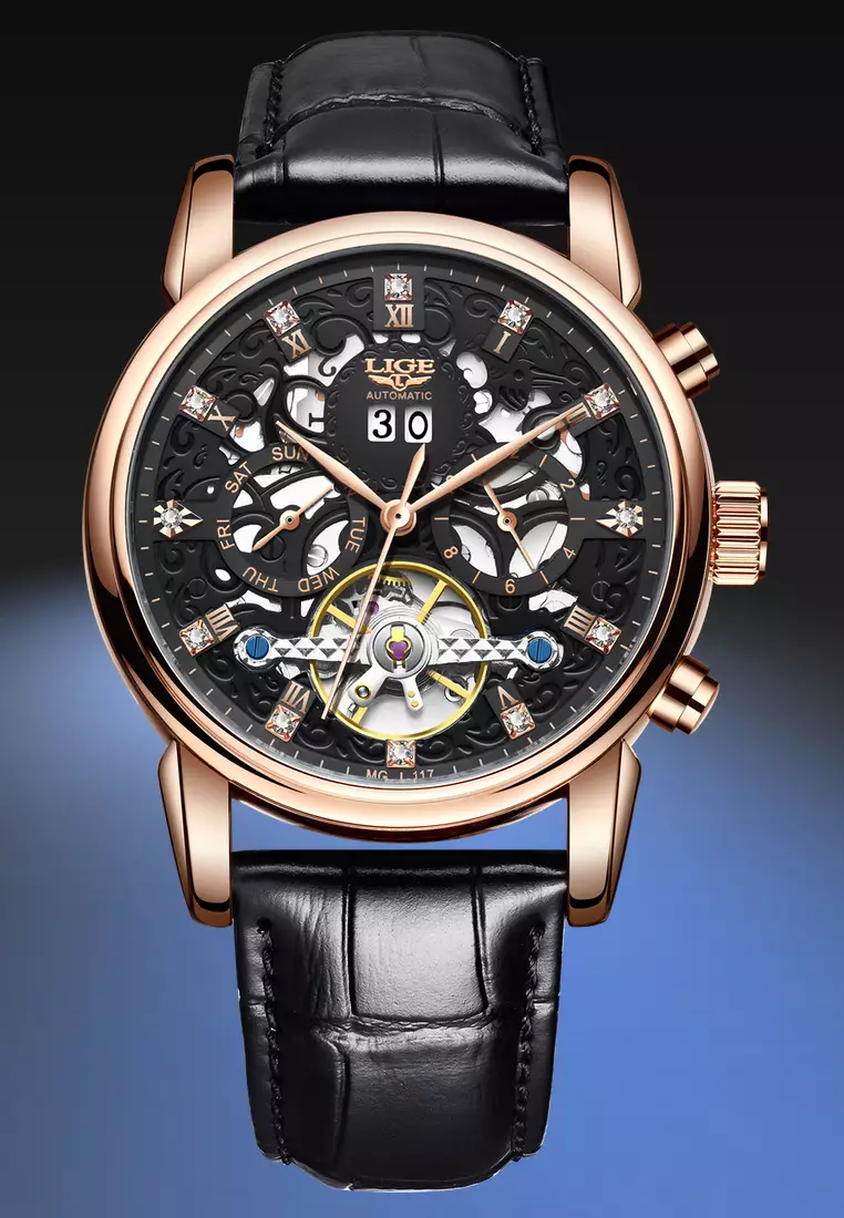 Gold black leather deals watch