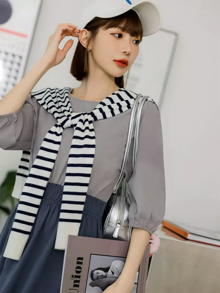 Color-blocking cinched waist A-line long dress [DA10170]