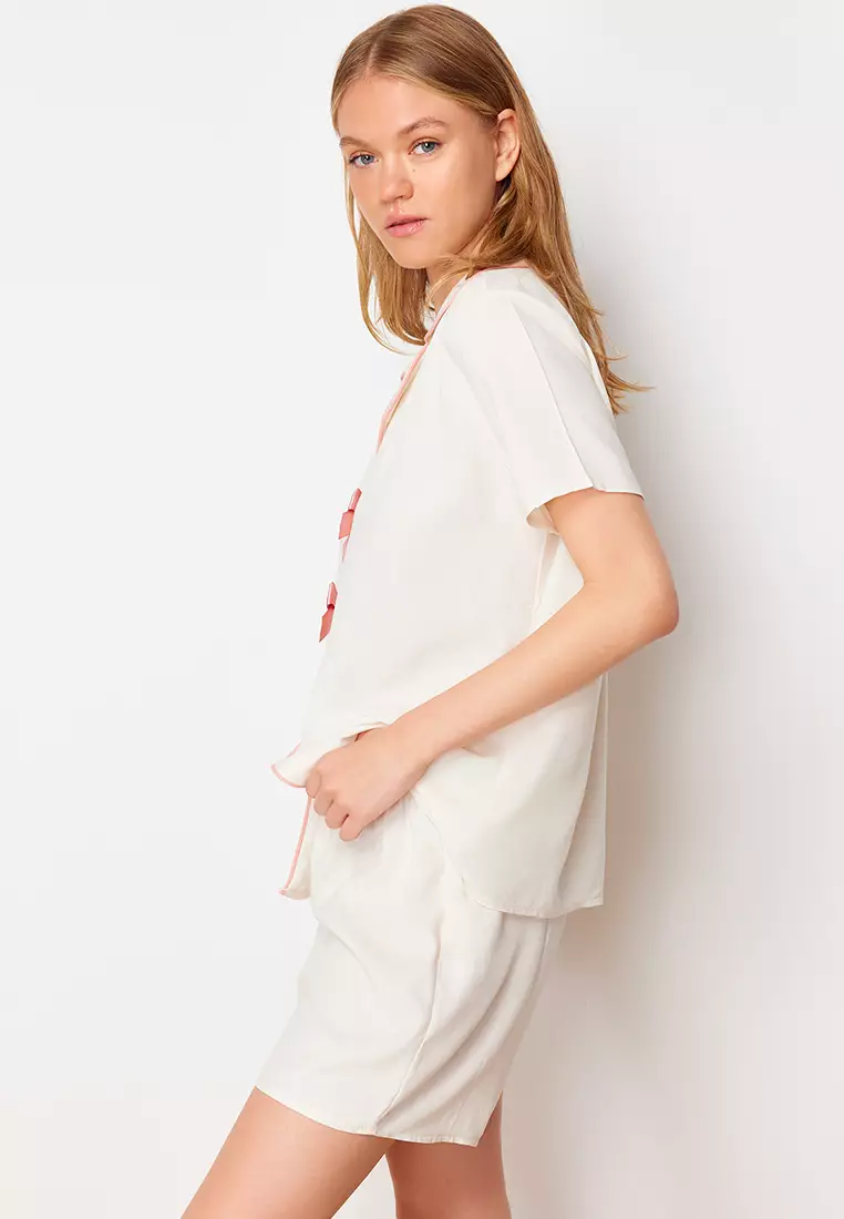 White Ribbon/Bow and Piping Detailed Viscose Shorts Woven Pajama Set THMSS24PT00290