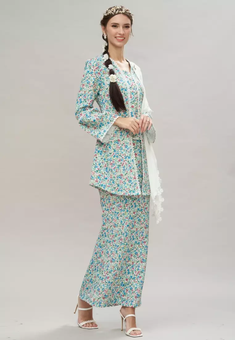 Teal Puff Sleeve Floral Modern Kebaya Kurung Hari Raya