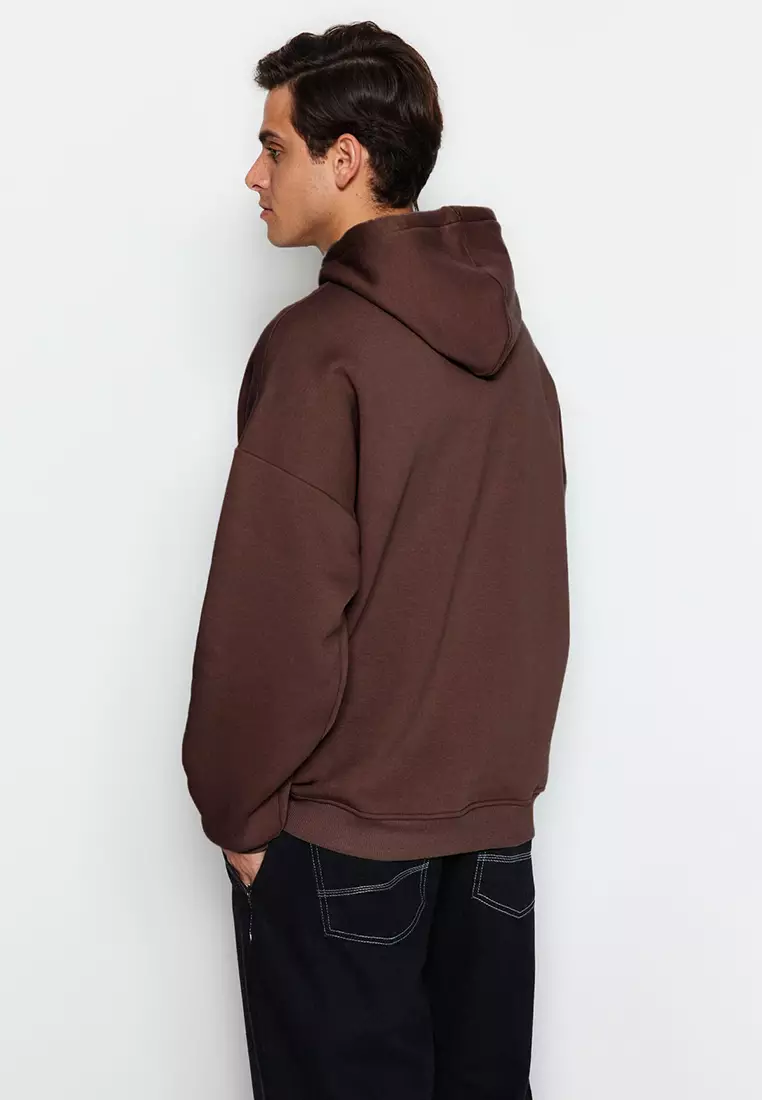 Dark Brown Oversize/Wide Cut Hooded Fleece Inside/Warm Sweatshirt TMNAW21SW2005
