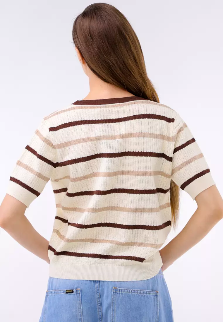 Knitted Stripes Short Sleeve Blouse