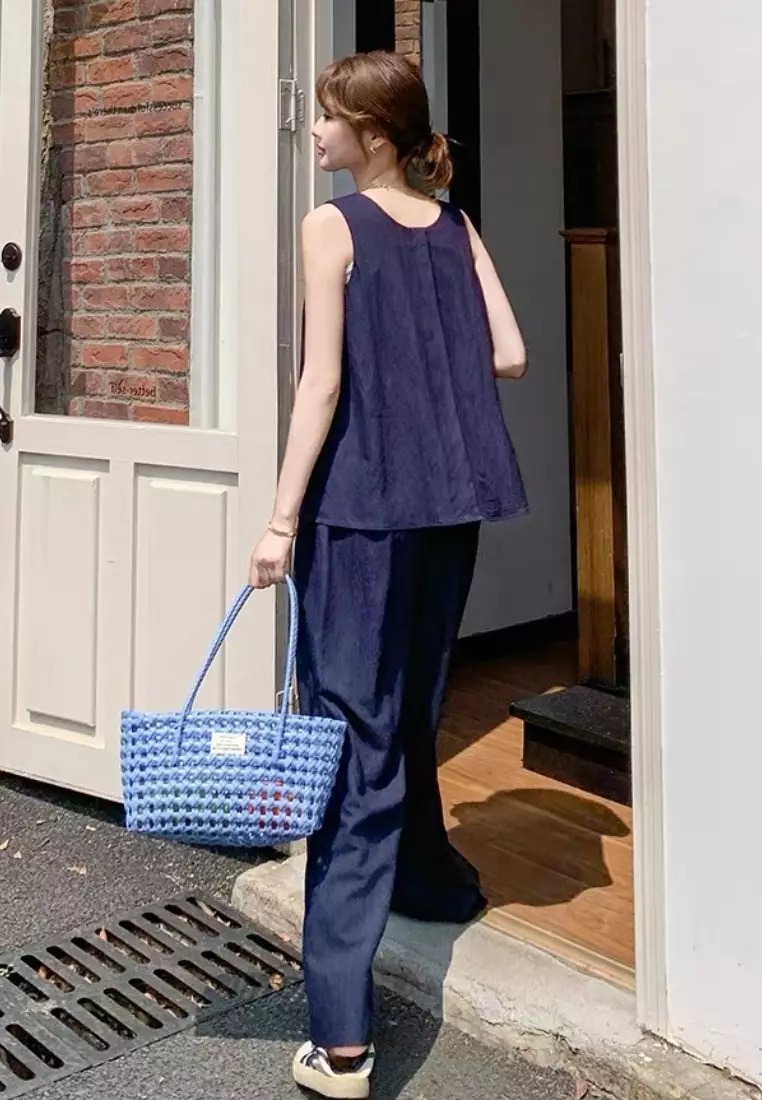 Navy blue sleeveless top and wide-leg pants set CA26041051BL
