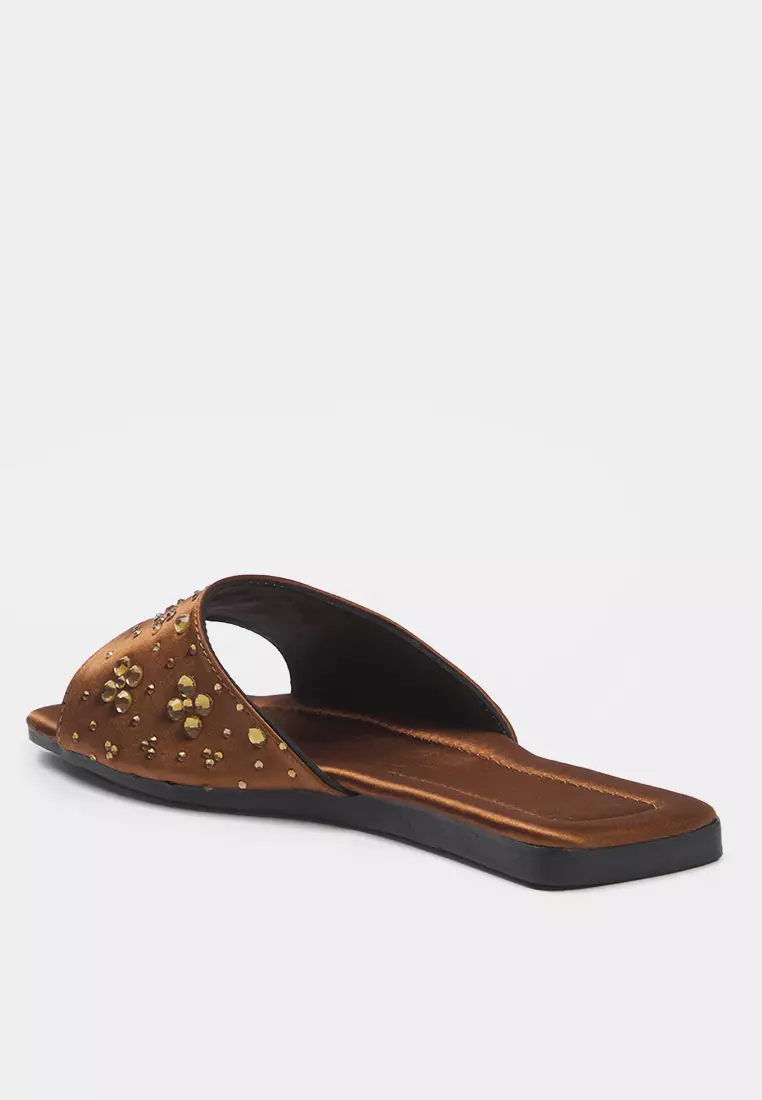 Brown Stone Satin Stylish Women's Slippers Takss25Te00025