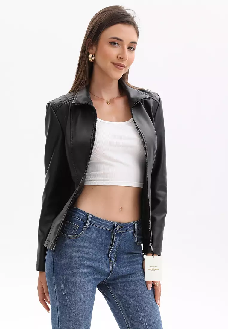 Patchwork Knit Faux Leather Biker Jacket AD-M25PJ49