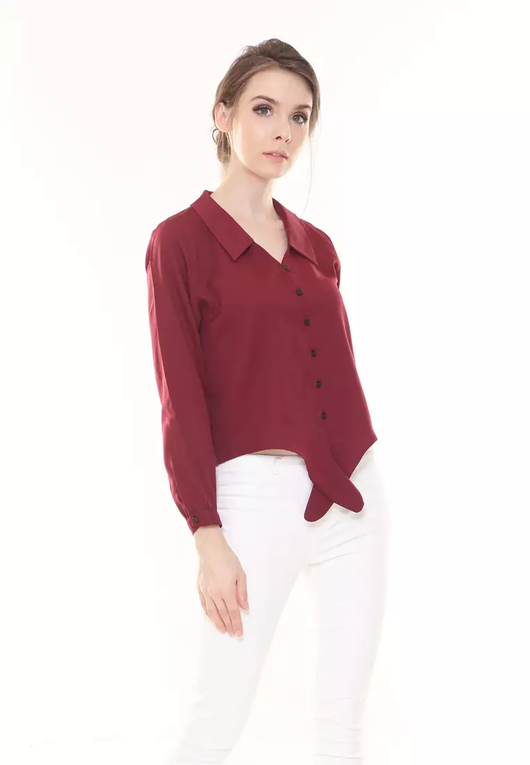 Evelyn Top Button Ribbon Tied up in Maroon