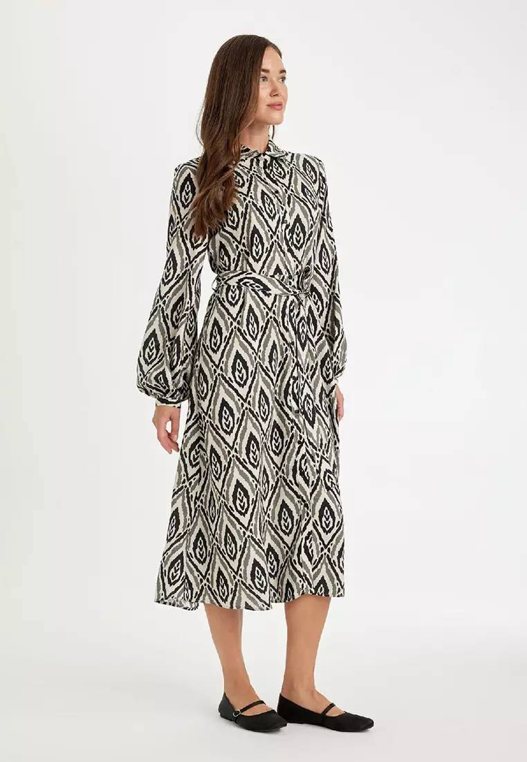 Printed Waist-Tie Midi Dress