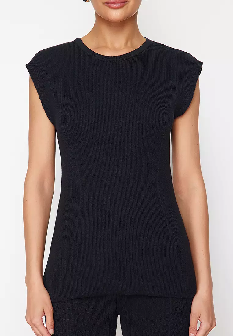 Navy Blue Cotton Thin Blouse Trousers Knitwear Bottom-Top Set TWOSS24AU00115