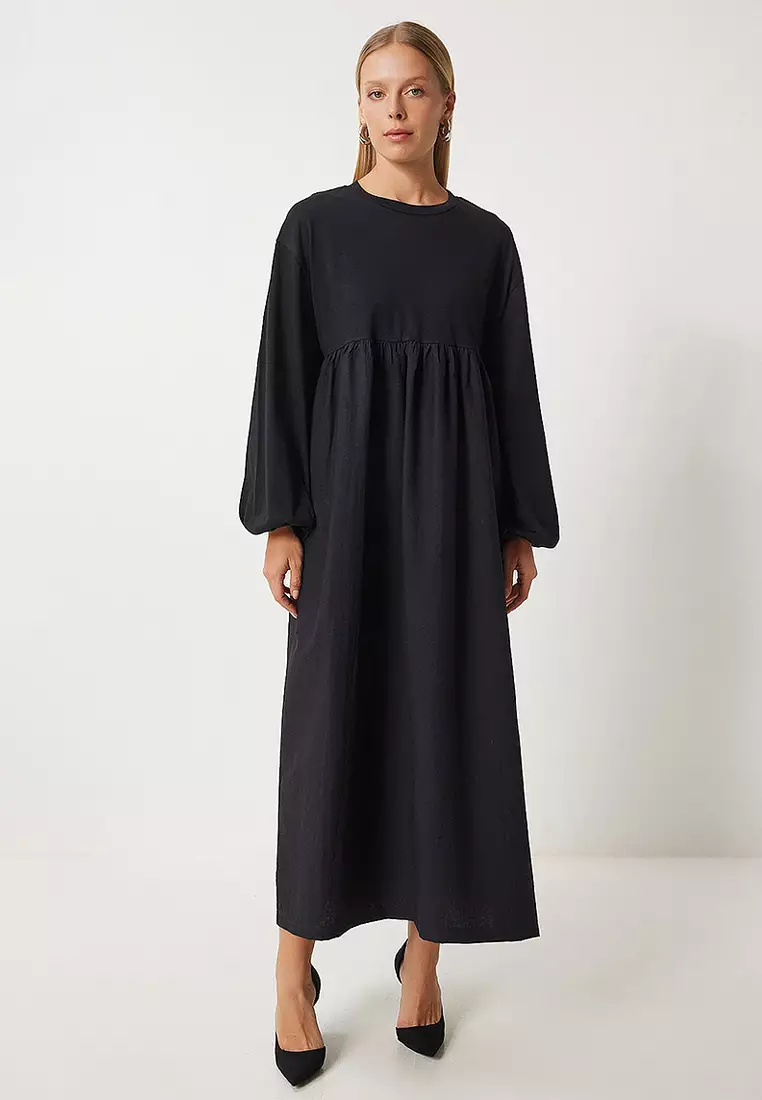 Flounce Balloon Sleeve Long Woven Dress