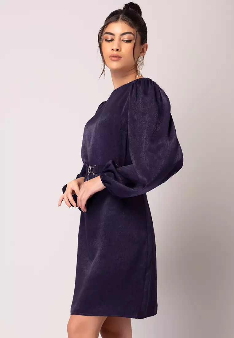 Purple Shift Dress With Buckled Belt