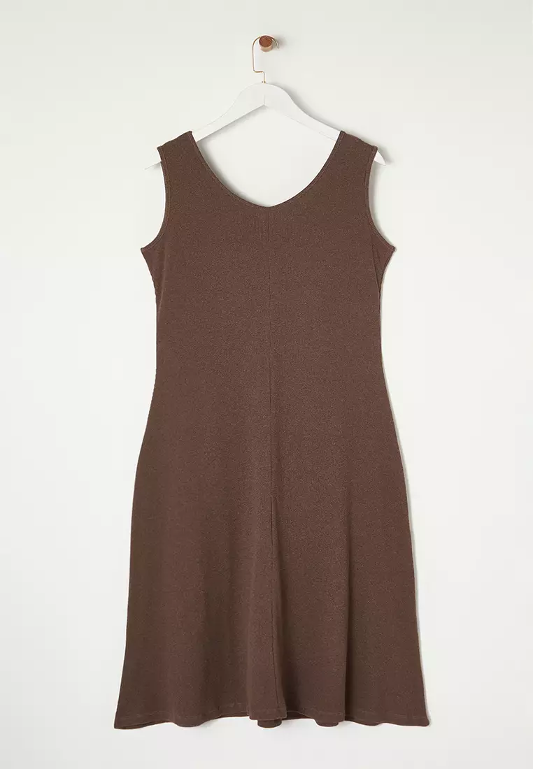 Brown Ribbed A-line Midi Knit Dress TBBSS24AH00130