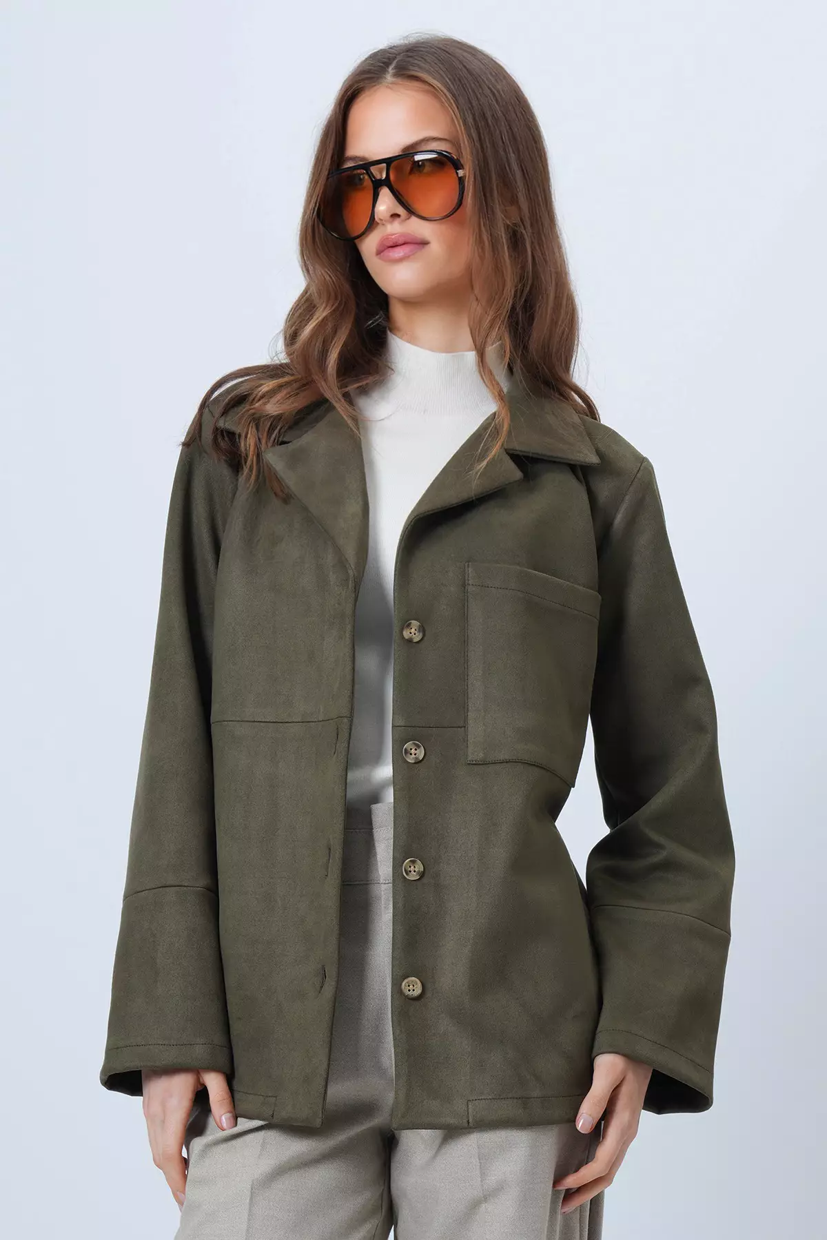 Khaki Single Pocket Faux Suede Jacket With Stitching Detail Alc-X14404