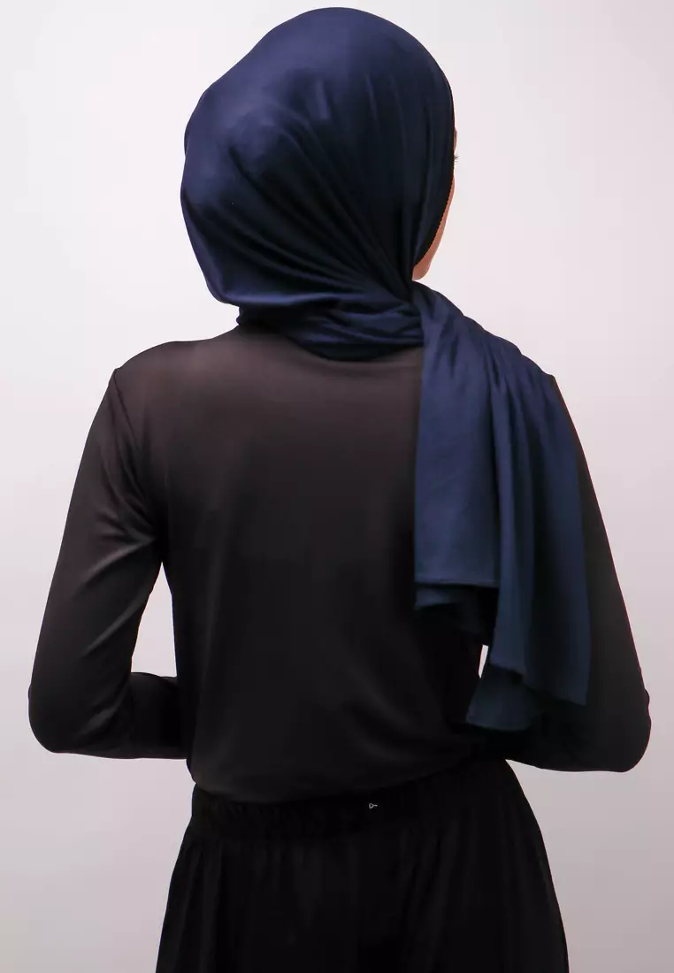 DH065 Lace Hitam Hijab Pashmina Navy