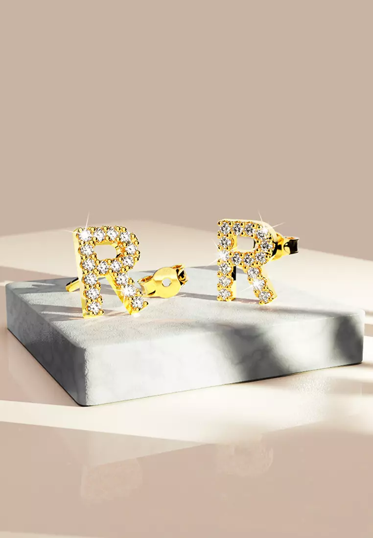 Solid 925 Sterling Silver Glamour Alphabet Letter Earrings Gold - R