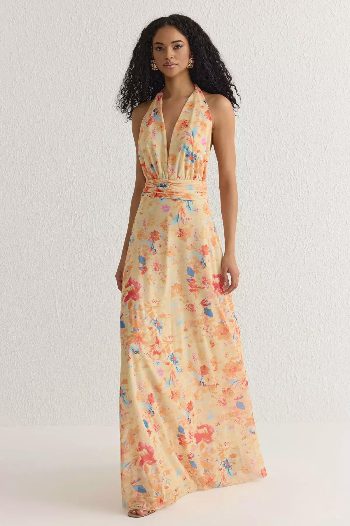 Pink-Multicolored A-Line Floral Patterned Knitted Long Elegant