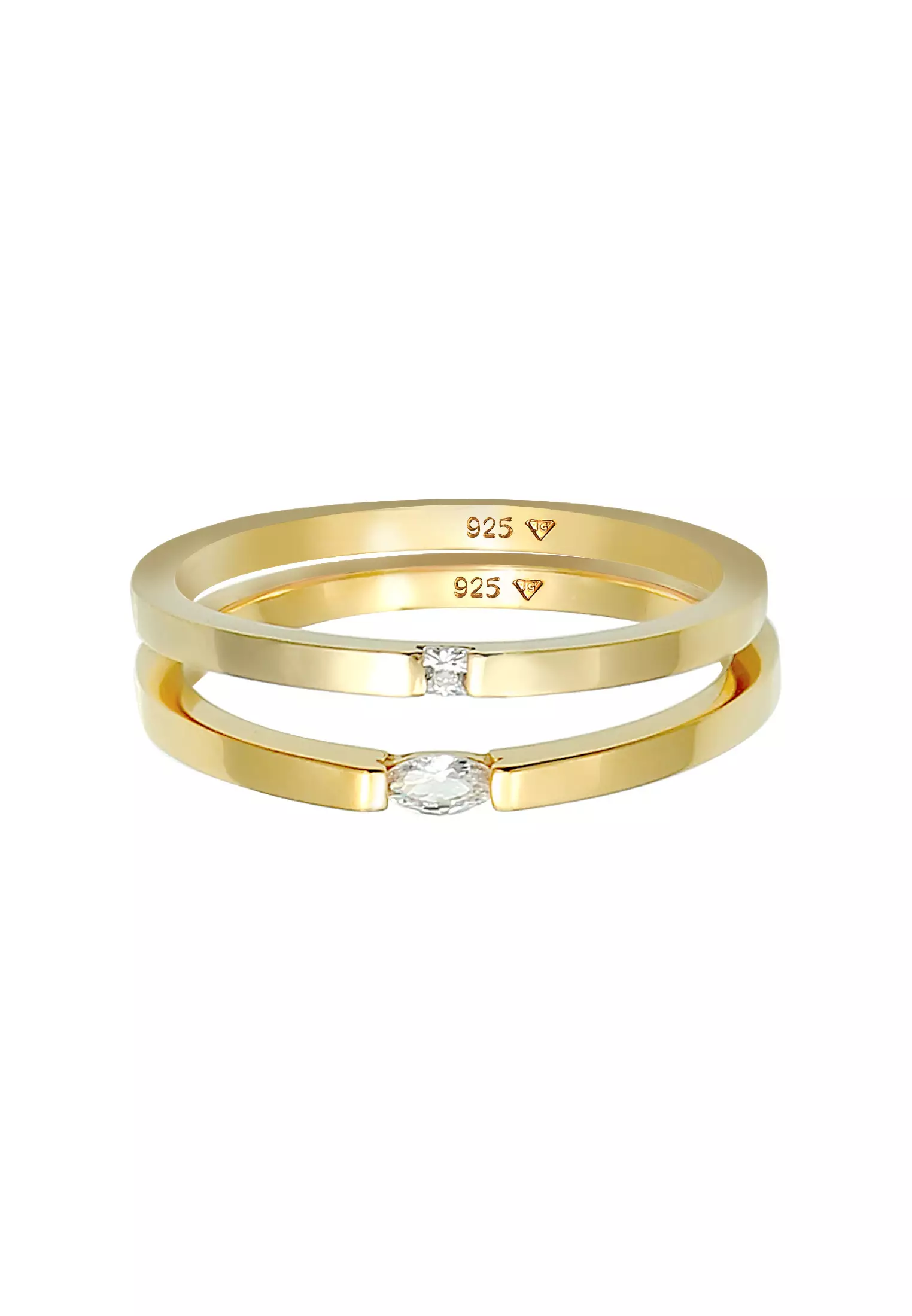 Ring Set Solitaire Marquise Baguette Cut with Zirconia Crystals Gold Plated