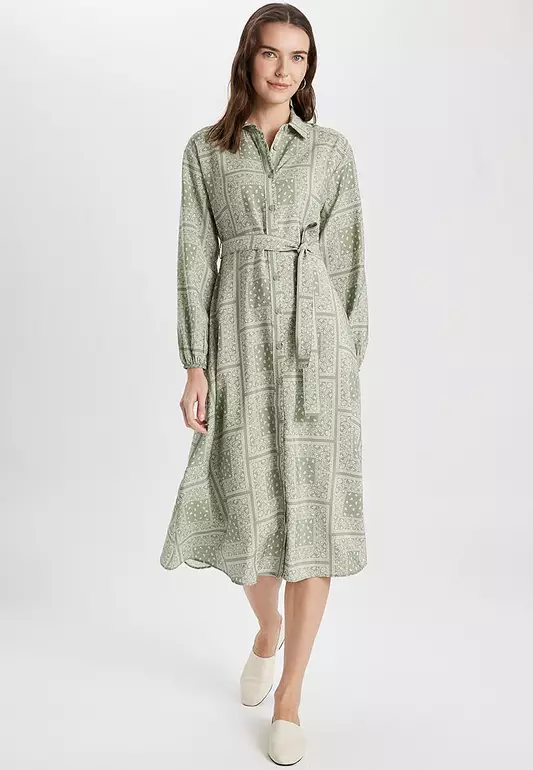 Patterned Long Sleeves Midi Dress