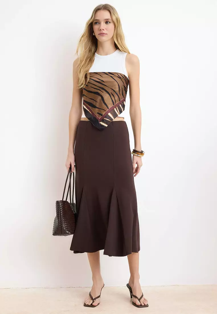 Brown Fish Regular Waist Midi Stretch Knitted Skirt Twoss26Et63