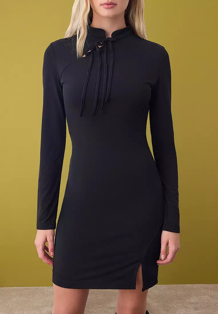 Black Bodycon Tie Detail Short / Mini Stretch Knit Dress