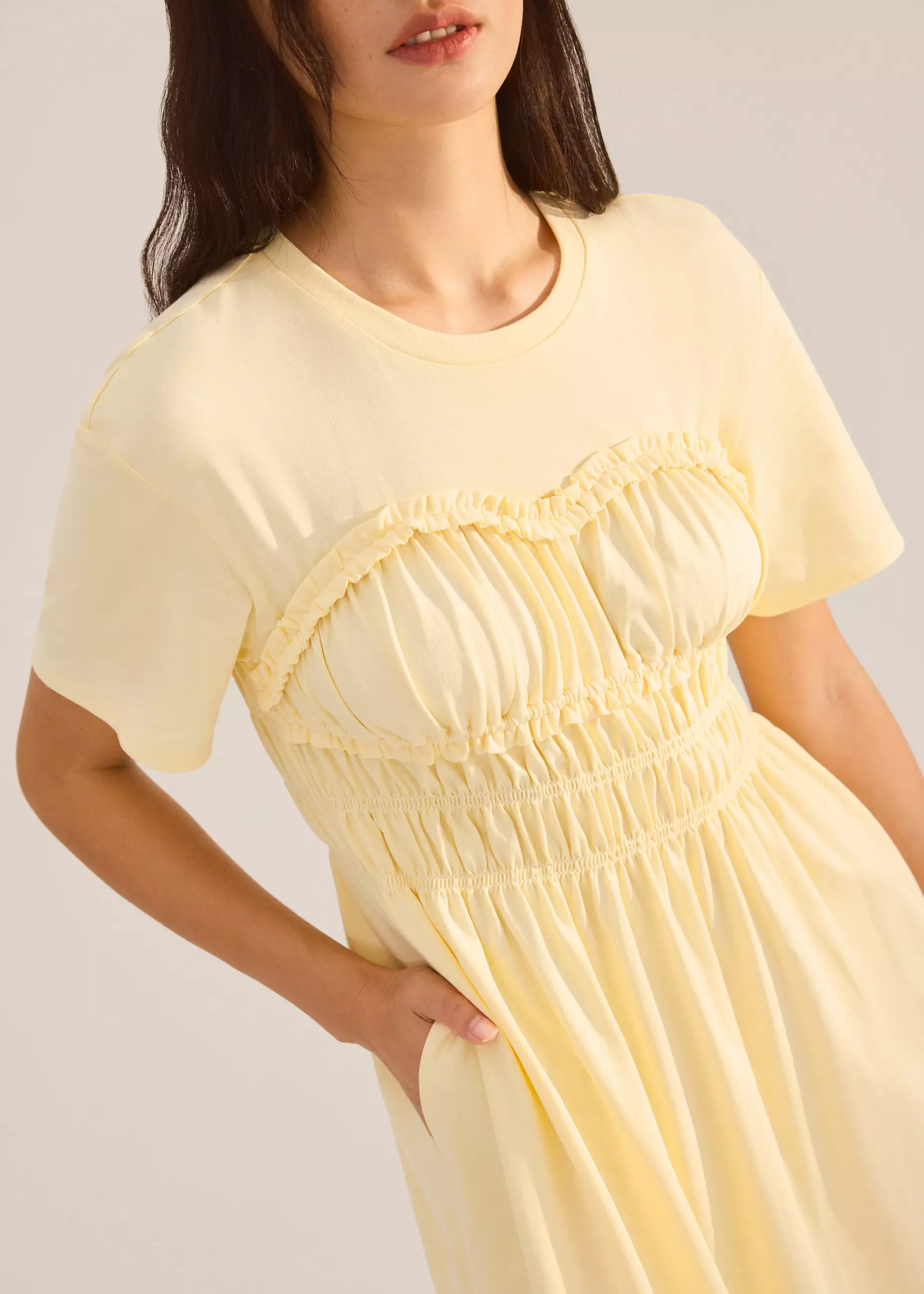 Dress Wanita - Jersey Ruched Bodice Round Neck Midi Dress