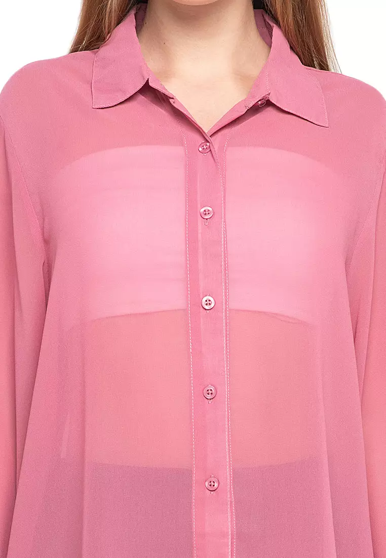 Calder Kemeja Atasan Transparan Front Button Opening Design Simple Plain Shirt Wanita - Pink