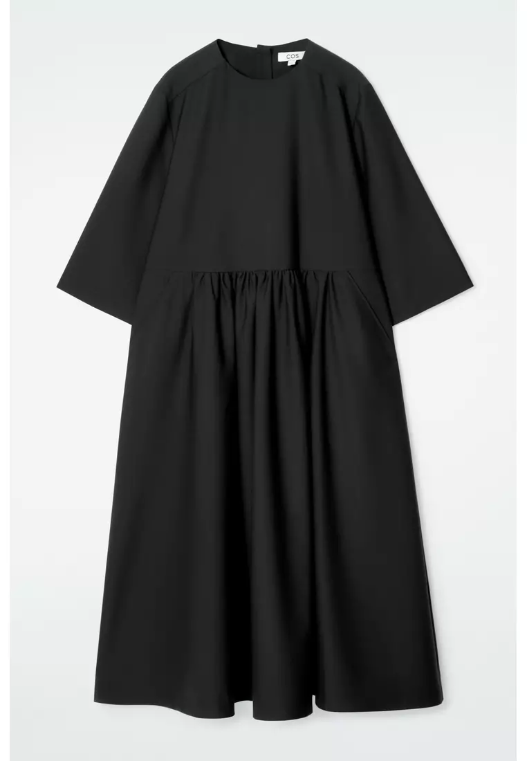 GATHERED WOOL-BLEND MIDI DRESS