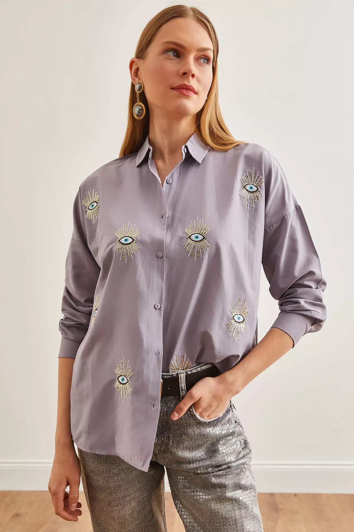 Gray Sequined Woven Women's Boyfriend Shirt - Gml-19000992