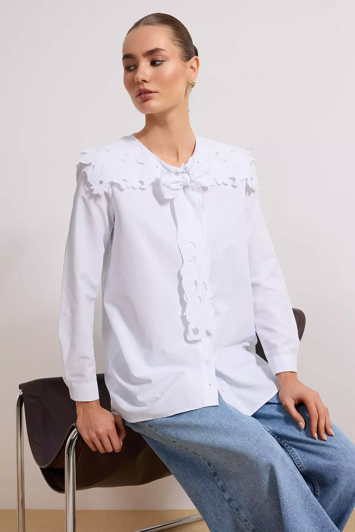 White Lace Collar Shawl Detailed Cotton Pack Shirts Tctss26Tg00003