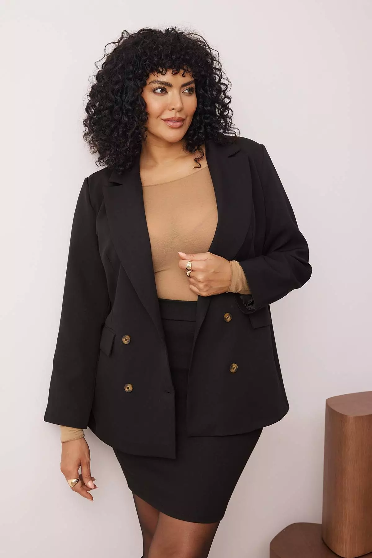 Black Oversize Lined Button Woven Plus Size Blazer Jacket Tbbaw26Ag00006