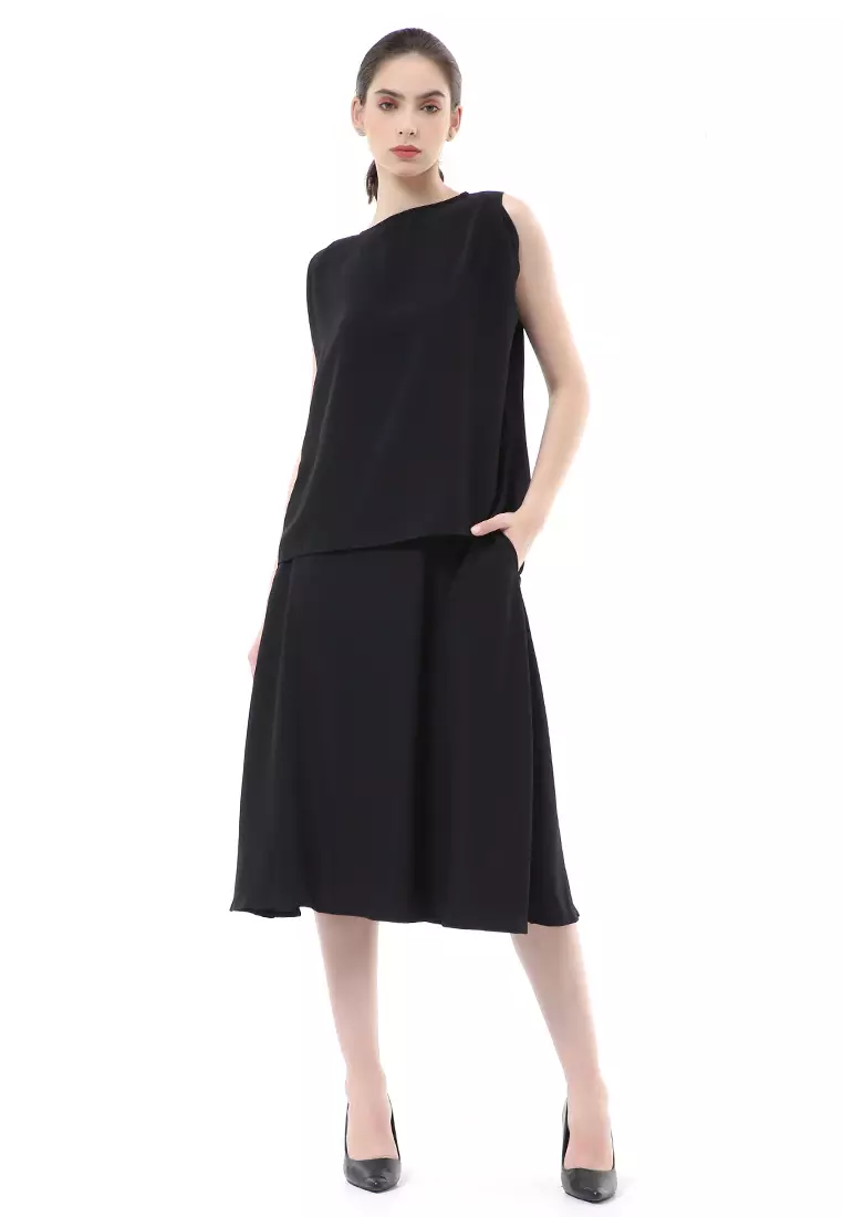 Nayra Set Atasan Wanita Setelan Tanpa Lengan with Long Skirt Motif Polos Material Chiffon Cathy ORIGINAL - Black
